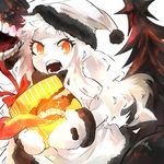  box christmas_tree dress enemy_aircraft_(kantai_collection) fangs gift gift_box horns itomugi-kun kantai_collection long_hair mittens northern_ocean_hime open_mouth pale_skin red_eyes shinkaisei-kan solo tongue tongue_out white_dress white_hair white_skin 