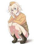  blonde_hair blue_eyes blush boots brown_footwear cross-laced_footwear full_body garrison_cap hat lace-up_boots military military_uniform panties raisa_pottgen shadow short_hair simple_background smile solo squatting strike_witches ulrich_(tagaragakuin) underwear uniform white_background white_panties world_witches_series 