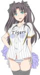  bangs baseball_jersey black_hair black_legwear blue_eyes blue_panties bow collarbone fate/stay_night fate_(series) hair_bow hair_ornament hair_ribbon hanshin_tigers long_hair marugoshi_teppei nippon_professional_baseball open_mouth panties parted_bangs pom_poms ribbon side-tie_panties simple_background sketch smile solo striped striped_panties thighhighs toosaka_rin two_side_up underwear white_background 