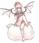 bag barefoot bat_wings black_gloves capelet gloves hat highres kuro_suto_sukii limited_palette remilia_scarlet santa_costume santa_hat sitting sitting_on_object sketch smile solo touhou wings 