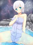  1girl blue_eyes fairy_tail lisanna lisanna_strauss onsen spread_legs towel white_hair 