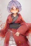  1girl bowl japanese_clothes kimono needle no_hat obi purple_hair red_eyes sash short_hair shukinuko solo sukuna_shinmyoumaru tears touhou 