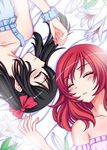  bed_sheet black_hair blush bow closed_eyes flower frills hair_bow lily_(flower) love_live! love_live!_school_idol_project lying multiple_girls nishikino_maki on_back orebalgum parted_lips red_bow red_hair rotational_symmetry scrunchie short_hair sleeping sleeveless strapless twintails wrist_scrunchie yazawa_nico 