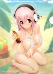  absurdres ball barefoot beach beachball bikini blurry blush breast_hold breasts cleavage day depth_of_field hair_between_eyes headphones highres jewelry large_breasts long_hair looking_at_viewer necklace nitroplus pink_hair red_eyes scan shiny shiny_skin side-tie_bikini sitting smile solo super_sonico sweat swimsuit tanning_oil tsuji_santa untied untied_bikini wariza 