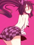  ass back blush bow brown_eyes brown_hair checkered checkered_skirt covering covering_breasts from_behind hair_bow himekaidou_hatate kuresento looking_at_viewer looking_back pink_background skirt solo surprised topless touhou twintails wavy_mouth wide-eyed 