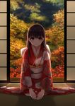  architecture autumn_leaves bangs black_hair brown_eyes commentary_request east_asian_architecture highres indoors japanese_clothes kamon_(shinshin) kimono long_hair long_sleeves looking_at_viewer new_year original seiza sitting smile solo tree 