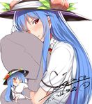  absurdres ahoge artist_name bad_id bad_pixiv_id barefoot blue_hair blush chibi chibi_inset collared_shirt food food_on_head fruit fruit_on_head hat highres hinanawi_tenshi long_hair looking_at_viewer multiple_views neropaso object_on_head one_eye_closed peach pillow pillow_hug red_eyes shirt signature simple_background skirt touhou upper_body very_long_hair white_background 