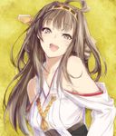  :d ahoge bare_shoulders brown_hair collarbone detached_sleeves hair_ornament headgear kantai_collection kawata_hisashi kongou_(kantai_collection) looking_at_viewer nontraditional_miko open_mouth purple_eyes smile solo upper_body 