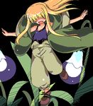  blonde_hair flower hair_over_eyes isshitaira isshitaira's_hair-over-eyes_girl long_hair lowres oekaki open_mouth original outstretched_arms pants solo spread_arms 