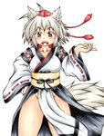  animal_ears bare_legs breasts collarbone detached_sleeves fangs hand_on_hip hat highres inte_(whitewolftail) inubashiri_momiji kourindou_tengu_costume large_breasts looking_at_viewer no_panties open_mouth red_hair ribbon-trimmed_sleeves ribbon_trim short_hair silver_hair simple_background solo tail tokin_hat touhou white_background wolf_ears wolf_tail 