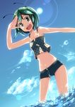  :d aioi_aoi alternate_costume antennae cloud day green_eyes green_hair lens_flare midriff navel ocean open_mouth shading_eyes short_hair short_shorts shorts sky smile solo sunlight tank_top touhou wading water wriggle_nightbug 