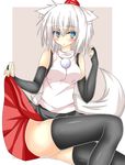  animal_ears bare_shoulders black_legwear blue_eyes blush breasts bridal_gauntlets detached_sleeves hat highres inubashiri_momiji looking_away medium_breasts open_mouth pom_pom_(clothes) reddo9 short_hair silver_hair simple_background solo tail thighhighs tokin_hat touhou white_background wolf_ears wolf_tail 