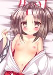  blush breasts brown_eyes brown_hair hair_ribbon japanese_clothes kantai_collection kimono long_sleeves lying navel nipples off_shoulder on_back open_clothes open_kimono open_mouth ribbon rikatan small_breasts solo topless wide_sleeves zuihou_(kantai_collection) 