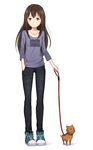  blush brown_hair casual denim dog earrings full_body green_eyes hanako_(idolmaster) hand_in_pocket idolmaster idolmaster_cinderella_girls jeans jewelry leash long_hair necklace pants purea shibuya_rin shirt shoes sneakers solo white_background yorkshire_terrier 