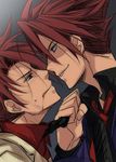  black_battler blood blood_on_face eye_contact grey_eyes looking_at_another male_focus multiple_boys necktie necktie_grab neckwear_grab profile red_eyes red_hair smile sousui_hani umineko_no_naku_koro_ni ushiromiya_battler 