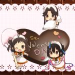  3girls alternate_costume apron blush brown_eyes brown_hair chibi chocolate chocolate_heart commentary_request dress enmaided eyebrows_visible_through_hair food frills gloves hair_between_eyes heart jintsuu_(kantai_collection) kantai_collection koruri looking_at_viewer maid maid_apron maid_headdress multiple_girls naka_(kantai_collection) pastry_bag puffy_short_sleeves puffy_sleeves ribbon sendai_(kantai_collection) shoes short_sleeves simple_background smile standing whisk white_legwear 