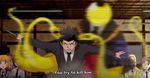  animated animated_gif ansatsu_kyoushitsu grin karasuma_tadaomi koro-sensei robe smile subtitled tassel tentacle vest yellow_skin 