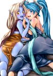  ass bare_shoulders blue_dress blue_eyes blue_hair blue_skin blush breasts dress from_behind holding_hands horn large_breasts league_of_legends long_hair looking_at_viewer multicolored_hair multiple_girls neav one_eye_closed orange_eyes pointy_ears sona_buvelle soraka thighhighs two-tone_hair very_long_hair white_hair 