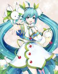  ahoge aqua_eyes aqua_hair bunny flower hand_on_own_chest hatsune_miku headset highres kimijima_(kimijima0301) long_hair looking_at_viewer outstretched_arm snowdrop_(flower) snowflakes twintails very_long_hair vocaloid yuki_miku yukine_(vocaloid) 