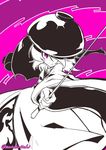  artist_name bowl hair_over_one_eye hat holding_needle japanese_clothes kimono monochrome mutsuki_riichi needle obi purple_eyes sash short_hair smile solo spot_color sukuna_shinmyoumaru touhou 