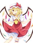  ;d ascot asymmetrical_hair asymmetrical_wings blonde_hair chata_maru_(irori_sabou) curtsey dress flandre_scarlet hair_between_eyes hat leg_garter looking_at_viewer mob_cap one_eye_closed open_mouth puffy_short_sleeves puffy_sleeves red_dress red_eyes shirt short_hair short_sleeves simple_background smile solo touhou white_background white_shirt wings wrist_cuffs 