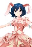  aioi_aoi animal_ears black_hair bunny_ears dress embellished_costume inaba_tewi jewelry necklace outstretched_arms pink_dress red_eyes short_hair smile solo touhou 