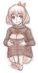  barefoot cleavage_cutout grin hair_ribbon highres kuro_suto_sukii leg_hug limited_palette long_sleeves meme_attire open-chest_sweater ribbed_sweater ribbon rumia sketch smile soles solo sweater touhou turtleneck 