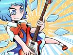  bass_guitar blue_eyes blue_hair bow bowtie cirno emphasis_lines ice ice_wings instrument music playing_instrument rickenbacker short_hair solo touhou wings yume_giwa 