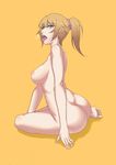  absurdres ass barefoot blue_eyes breasts brown_hair full_body gundam gundam_build_fighters gundam_build_fighters_try highres hoshino_fumina large_breasts nipples nude open_mouth ponytail saliva short_hair short_ponytail simple_background sitting solo tipyhoho tongue tongue_out yellow_background yokozuwari 