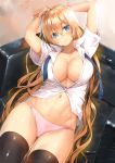  1girl arms_up bangs black_legwear blonde_hair blue_eyes blue_neckwear body_mahattaya_ginga breasts cleavage closed_mouth collarbone collared_shirt commentary_request couch groin hair_between_eyes large_breasts long_hair looking_at_viewer loose_neckwear navel no_bra original panties partially_unbuttoned pink_panties reclining shirt sidelocks skindentation smile solo stomach thighhighs underwear white_shirt 