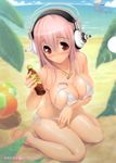  1girl absurdres ball barefoot beach beachball bikini blurry blush breast_hold breasts cleavage depth_of_field feet hair_between_eyes headphones highres jewelry large_breasts long_hair looking_at_viewer necklace nitroplus pink_hair red_eyes scan shiny shiny_skin side-tie_bikini sitting smile solo super_sonico sweat swimsuit tanning_oil toes tsuji_santa untied untied_bikini wariza 