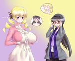  2girls akemi_homura alternate_breast_size bespectacled black_hair black_hairband blonde_hair blush breast_envy breast_hold breasts drill_hair glasses hair_ornament hairband hairpin highres huge_breasts imagining inconvenient_breasts long_hair mahou_shoujo_madoka_magica misunderstanding mizuumi_(bb) multiple_girls nude open_mouth personality_switch purple_eyes short_hair smile tomoe_mami twin_drills twintails yellow_eyes 