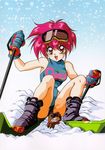  bare_arms gloves highres mole_(animal) mon_mon red_eyes red_hair ski_gear ski_goggles snow solo swimsuit 