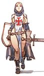  1girl armor belt blonde_hair blue_eyes boots breasts cape jj_frenchie joel_jurion knight naked_tabard shield sideboob sword tabard weapon 