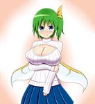  blush bow breasts daiyousei green_hair hair_bow huge_breasts meme_attire open-chest_sweater ribbed_sweater short_hair side_ponytail solo sweater teera_(tera_zilla) touhou wings 