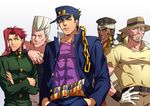  beard black_hair blue_eyes brown_eyes chain dark_skin dark_skinned_male dog facial_hair green_eyes grey_hair hat iggy_(jojo) jean_pierre_polnareff jojo_no_kimyou_na_bouken joseph_joestar kakyouin_noriaki kotatsu_(g-rough) kuujou_joutarou mohammed_avdol multiple_boys red_hair 