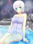  1girl bathing blue_eyes breasts fairy_tail lisanna lisanna_strauss onsen solo towel 