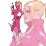  alternate_costume blonde_hair blue_eyes bodysuit boots breasts catsuit from_side gloves hand_on_hip high_collar high_heel_boots high_heels knee_boots long_hair medium_breasts nina_williams pink_bodysuit ponytail seeso2d sideboob solo tekken unzipped white_footwear zoom_layer 