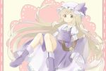  bad_id bad_pixiv_id belt blonde_hair boots border brown_eyes doily dress ellipsis_(mitei) hat hat_ribbon juliet_sleeves knees_together_feet_apart long_hair long_sleeves looking_at_viewer mob_cap petticoat puffy_sleeves reclining ribbon skirt_hold smile solo touhou very_long_hair watatsuki_no_toyohime 