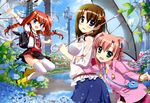  3girls absurdres flower fujima_takuya highres hydrangea lyrical_nanoha mahou_shoujo_lyrical_nanoha mahou_shoujo_lyrical_nanoha_vivid miura_rinaldi multiple_girls panties see-through thighhighs umbrella underwear vita wet wet_clothes yagami_hayate 