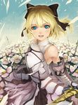  ahoge armor armored_dress artoria_pendragon_(all) bare_shoulders blonde_hair blue_eyes bow detached_sleeves dress fate/stay_night fate/unlimited_codes fate_(series) flower gauntlets hair_bow ponytail rikkido saber saber_lily solo sword weapon 