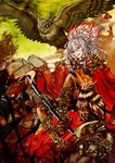  akasia alternate_costume armor bird bow cape fujiwara_no_mokou hair_bow long_hair owl red_eyes sword touhou weapon white_hair 