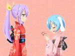 alternate_costume animal_ears blue_hair bow bunny_ears closed_eyes floral_print hair_bow hands_clasped japanese_clothes kimono long_hair multiple_girls open_mouth own_hands_together ponytail purple_hair reisen seigaiha short_hair smile sweatdrop ten203159 touhou watatsuki_no_yorihime yellow_bow 
