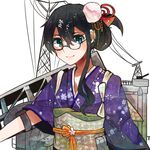  aa_gun aircraft_catapult blue_eyes cannon catapult glasses hair_ornament happy_new_year itomugi-kun japanese_clothes kantai_collection kimono long_hair new_year obi ooyodo_(kantai_collection) radio_antenna sash smile solo turret 