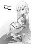  bare_shoulders black_legwear breasts center_opening cleavage detached_sleeves elbow_gloves fingerless_gloves fyu-neru gloves greyscale guilty_crown hair_ornament hairclip jie_mo_(rehao) long_hair monochrome navel open_mouth smile solo thighhighs twintails yuzuriha_inori 