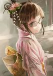  akizuki_ritsuko bow brown_eyes brown_hair flower glasses hair_bun hair_flower hair_ornament idolmaster idolmaster_(classic) idolmaster_2 japanese_clothes kanzashi kimono light_smile lips long_hair looking_at_viewer signature smile solo tsumami_kanzashi yae_(mono110) 