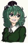  faux_traditional_media green_eyes green_hair hat open_mouth short_hair simple_background smile soga_no_tojiko solo tate_eboshi touhou upper_body wavy_hair white_background xkaishaku 