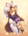 blonde_hair bouquet bow dqn_(dqnww) dress flower hat hat_bow long_hair long_sleeves mob_cap open_mouth smile solo tabard touhou upper_body very_long_hair white_dress wide_sleeves yakumo_yukari yellow_eyes 