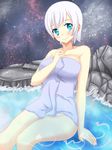  1girl blue_eyes blush fairy_tail lisanna lisanna_strauss onsen towel white_hair 