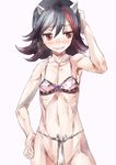  bad_anatomy black_hair blush bow bow_bra bra commentary_request emaciated embarrassed flat_chest fundoshi hand_behind_head horns japanese_clothes kijin_seija multicolored_hair red_eyes red_hair short_hair streaked_hair touhou underwear yohane 
